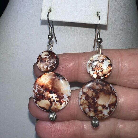 Marbleized Tortoise Acrylic Circle Drop Earrings - Picture 3 of 6
